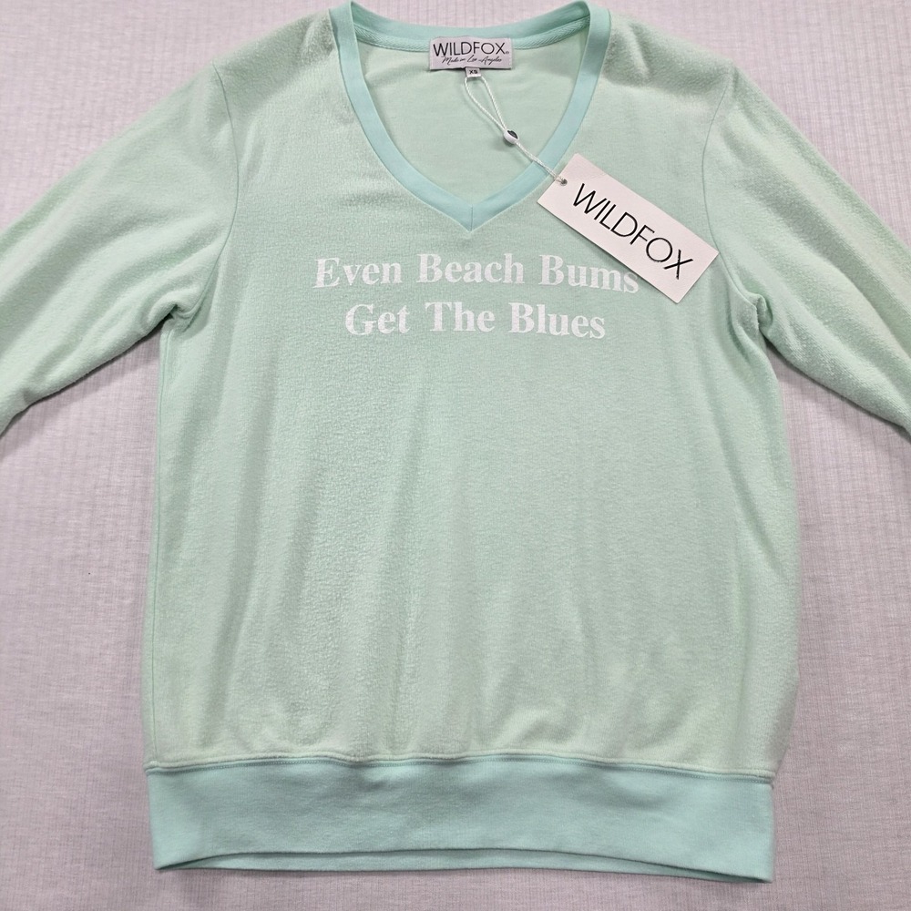 NWT Wildfox Mint Green Beach Bums Graphic V-Neck Sweatshirt XS Y2K Retro Lounge - Picture 4 of 11